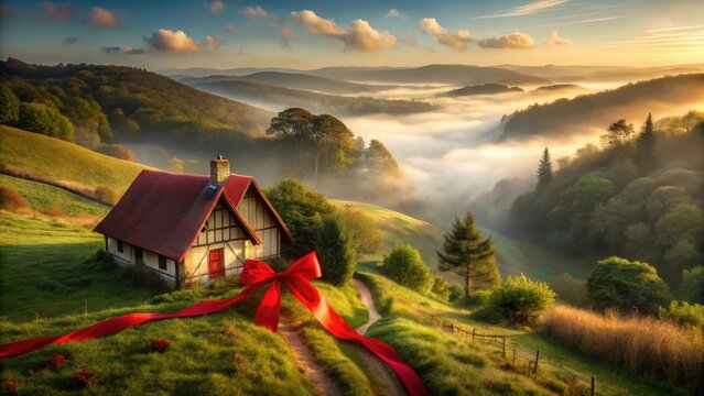 Cozy Cottage Surrounded by Lush Landscape under a Vibrant Sky