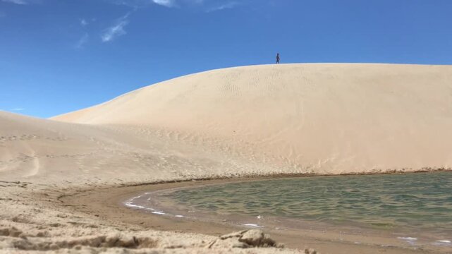 Young tourist enjoying sand sledding down a large dune into a pristine lagoon in the beautiful Jericoacoara National Park, Cear&aacute;, Brazil, a popular destination for summer vacations