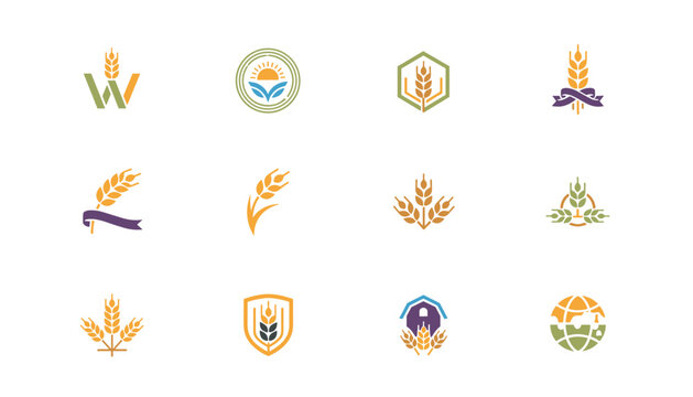 Twelve creative wheat ear logo designs and organic agriculture icons are arranged in a clear multi column grid layout.