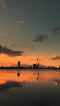 Vertical wide view of Han River Skyline and Bridge at Dusk