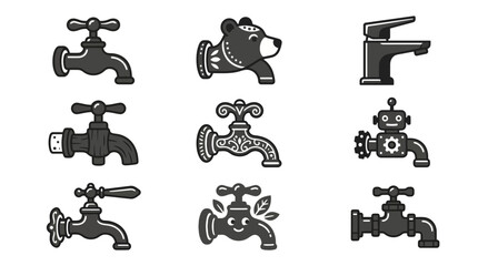 Fototapeta premium Collection of faucet icons and whimsical tap characters.
