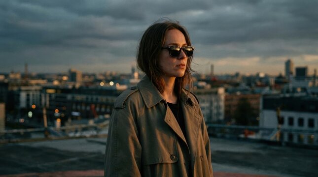 Woman in sunglasses on city rooftop at sunset.