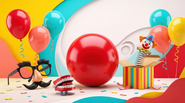 April fools day celebration scene with a large red sphere, a jack-in-the-box clown, wind-up chattering teeth, and a disguise mask with glasses, nose, and mustache, set against a colorful