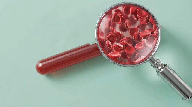 A magnifying glass reveals the detailed texture of red blood cells inside a clear test tube.