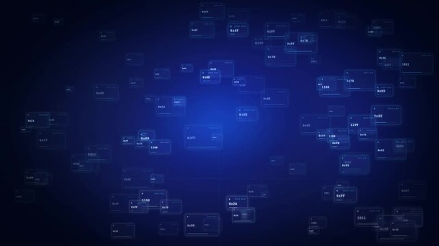 Abstract blue digital technology background with glowing data screens and network connectivity interface elements for cyber security