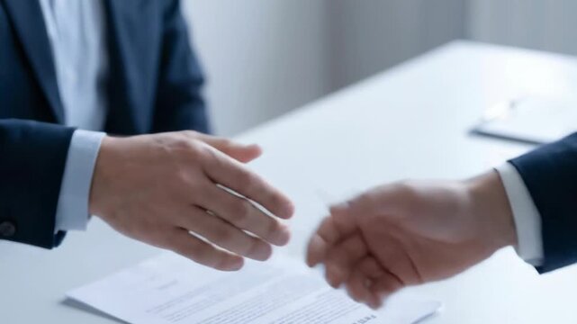 Business handshake over contract document for ESG agreement, partnership, negotiation, cooperation, trust, and professional business contract setting