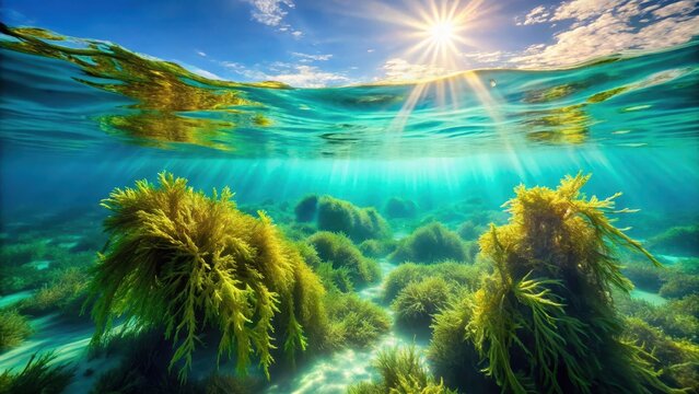 Vibrant Underwater Scene with Sunlight and Lush Green Algae