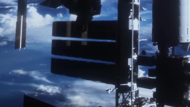 A space station is floating above Earth during daylight. It is surrounded by clouds and the blue atmosphere. The view shows various modules and structures built for living and research.