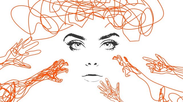 A calm female face is surrounded by tangled grabbing hands and chaotic lines. A metaphor of anxiety, stress, pressure, harassment, intrusive thoughts, overwhelm and the need for support.