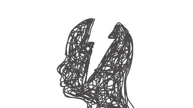 A head profile made of tangled lines is broken into two parts. A metaphor of split personality, dissociation, mental disorder, inner conflict, crisis, trauma and the difficult path to recovery.