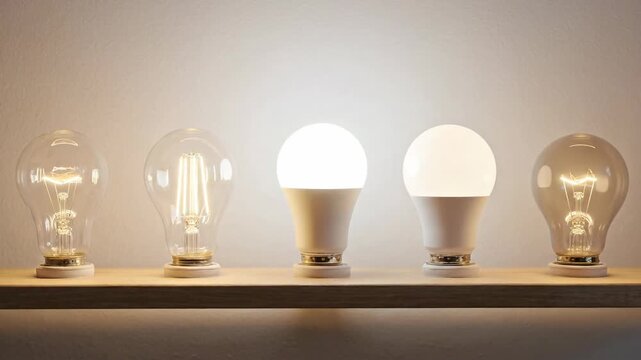 Energy efficient light bulb collection on wooden shelf with LED, incandescent, frosted and dark glass styles for sustainable ESG home lighting