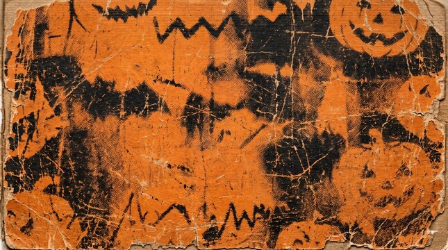 Close-up of distressed orange and black textured surface with Halloween motifs