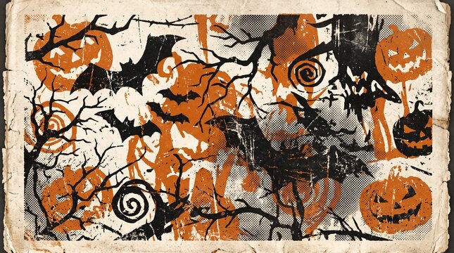 Vintage Halloween pumpkin and bat illustration on grunge paper texture for spooky design projects