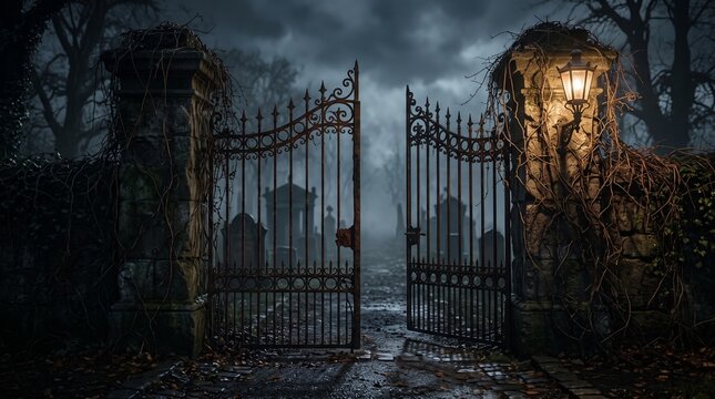 Haunted cemetery gate at night with eerie fog and moonlight