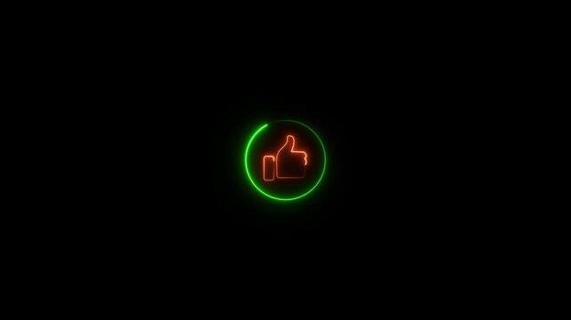 Glowing neon line Hand thumb up icon isolated animation, Social media like increasing animated like button, abstract social media like button Motion graphics of concept black background. animated neon