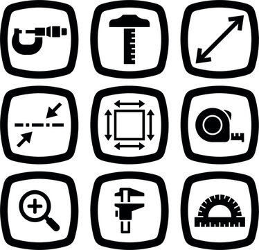 Precision Measurement Tools and Dimensions Square Badge Glyph Icon Set Featuring Micrometer T-Square Tape Measure Vernier Caliper and Protractor Vector Illustration