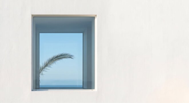 Minimalist White Stucco Wall with Window Framing Sky and Palm Frond