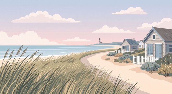 Stylized Panoramic Coastline Illustration with Dune Grass and Beach Houses
