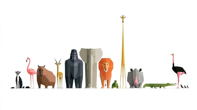 Horizontal lineup of stylized geometric animals on white background, flat vector illustration with sharp edges and minimal detail, balanced arrangement of lemur, flamingo, capybara, gazelle, gorilla, 