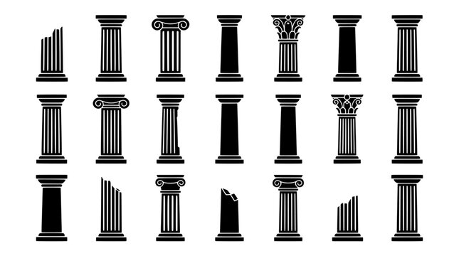 Set of architectural stone columns and pillars in various styles including ionic, doric, corinthian and broken ruin designs as isolated vector silhouettes