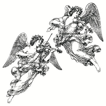 Vintage Angels Playing Violin Hand Drawn Engraving Illustration