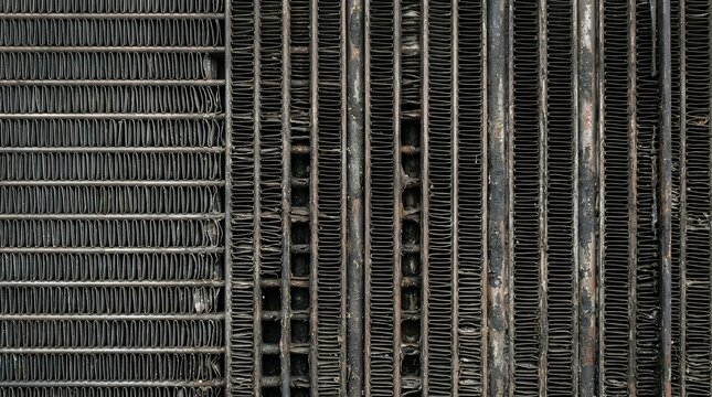 Full frame texture of an industrial metallic automotive radiator core displaying oxidized parallel cooling fins and fluid channels metal car radiator cooling system texture grungy frame fin channel
