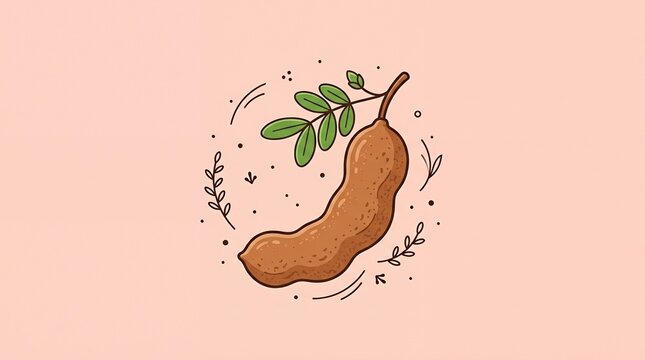 Minimalist Hand Drawn Tamarind Fruit Pod with Green Leaves Illustration Isolated on Soft Pink Background