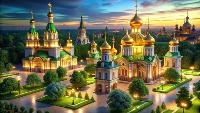 Majestic Russian Architecture Under Sunset Sky with Golden Domes