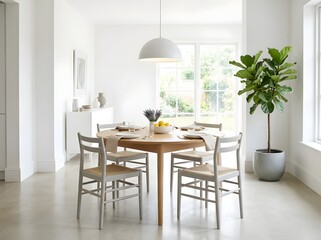 Fototapeta premium Modern minimalist dining room with round wooden table and white chairs