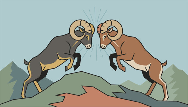 Two mountain rams clash on a green hill with snow capped peaks in the background under a blue sky in this dynamic stylized illustration.