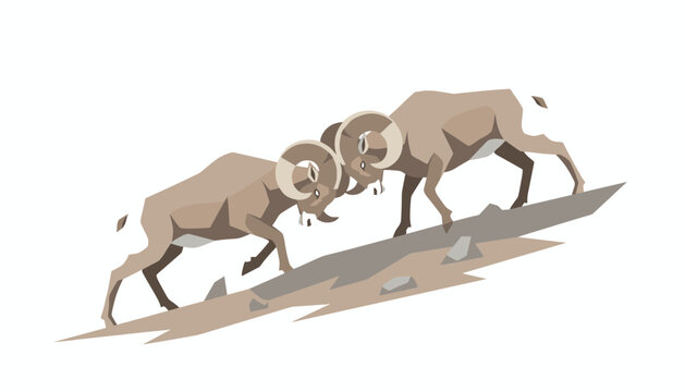 Two bighorn sheep engage in a powerful head butting battle on a rugged rocky mountain slope in this minimalist low poly vector style.