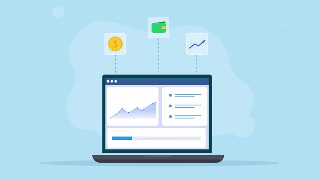 Modern flat vector animation showing a laptop with a financial analytics dashboard and floating finance and chart icons, representing business data, revenue, performance, and digital finance.