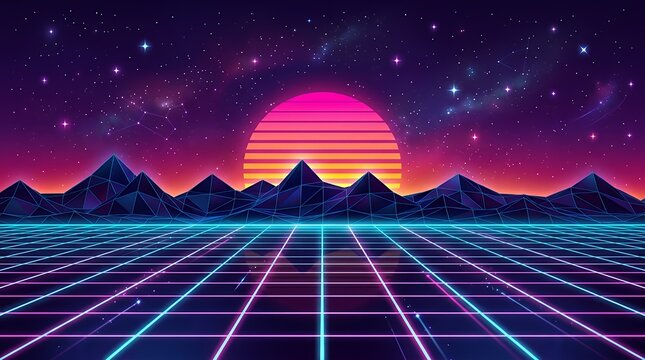 Retro synthwave 1980s neon grid perspective landscape with low poly mountains vibrant striped sun and starry night skyillustration background retro 80s 1980s synthwave retrowave cyberpunk