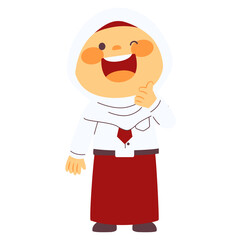 Obraz premium Elementary school girl wearing hijab and uniform laughing happily while touching her chin thoughtfully.