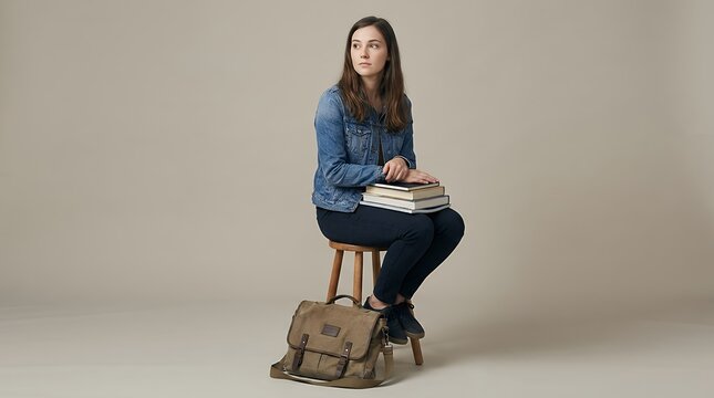 Studio portrait of a young female student with her school bag and reading materials gazing toward copy space schoolgirl backpack books sideways empty space isolated gray background education