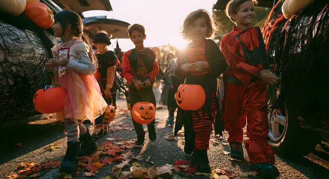 At the fall festival, kids dressed as costumes participated in a trunk or treat event, which was a fun autumn party