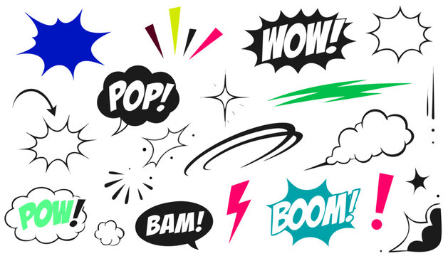 A collection of comic book sound effects and graphic elements, including POP!, WOW!, POW!, BAM!, and BOOM!, along with explosions, lightning bolts, and speech bubbles