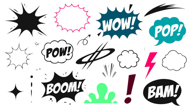 Collection of comic book style sound effect icons and speech bubbles, featuring explosions, action words, and energy bursts