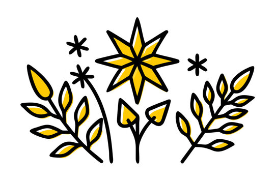 A stylized golden star with celestial elements and botanical drawings. The design features vibrant yellow and black lines, evoking a sense of magic and nature.