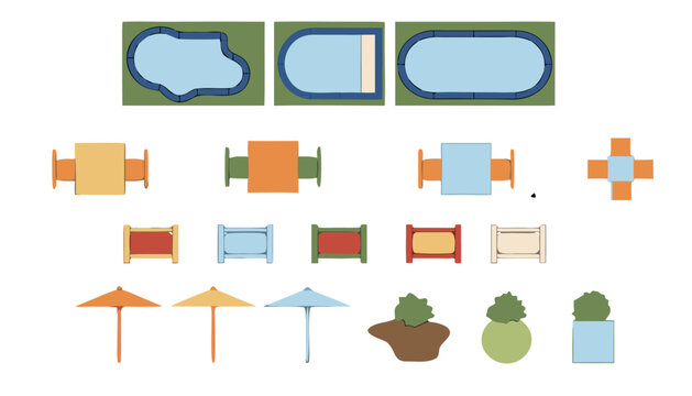 A collection of flat design icons representing swimming pools, tables, chairs, umbrellas, and potted plants, perfect for architectural or landscape design projects