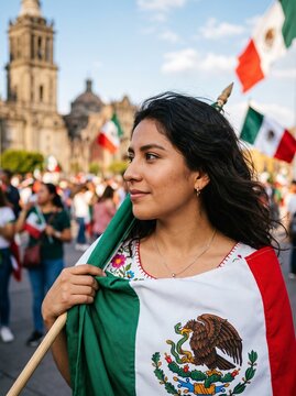 Young woman holding Mexican flag at outdoor cultural event