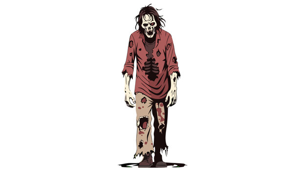 A terrifying zombie walking with tattered clothes and a decaying body. Its eyes are vacant, and its skin is pale and bruised, giving it a horrific appearance