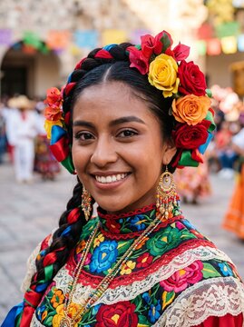 Young woman in colorful traditional dress smiling at cultural festival