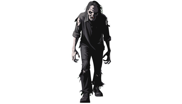 A scary zombie with ripped clothes and claw-like hands walking towards the viewer with an eerie expression