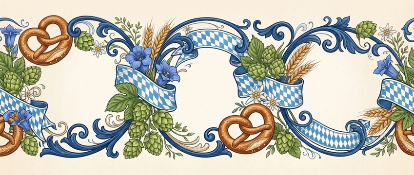 Bavarian oktoberfest horizontal border featuring blue ornate scrolls, pretzels, green hop cones, golden wheat stalks, blue gentian flowers, and white and blue checkered ribbons on a cream
