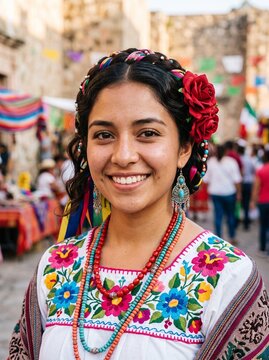 Young woman in traditional Mexican dress smiling at camera