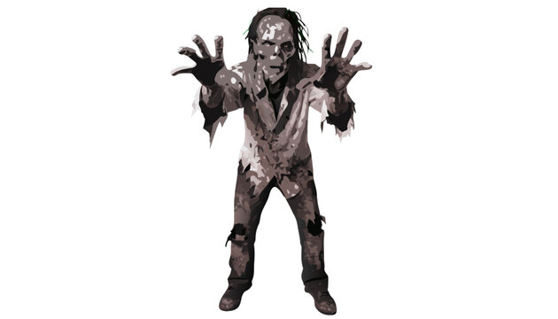 A terrifying zombie with outstretched arms and a menacing expression, standing on a white background