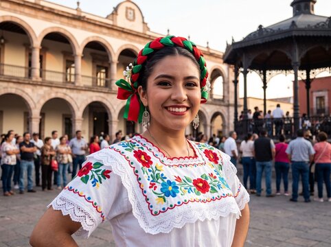 Young woman in traditional embroidered blouse smiling at cultural festival in historic plaza