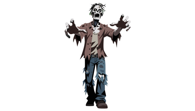 A terrifying zombie with tattered clothes and outstretched hands, embodying horror and the undead
