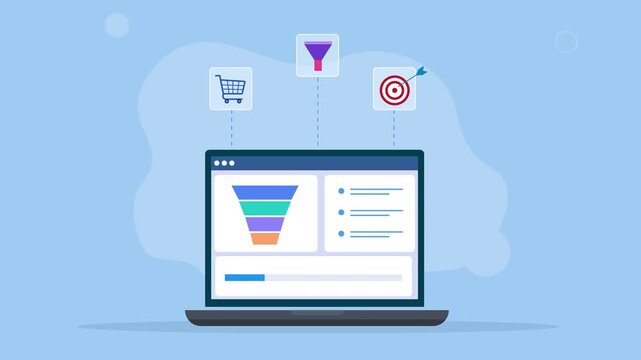 Modern flat vector animation showing a laptop with a marketing funnel dashboard and floating ecommerce and targeting icons, representing sales funnels, conversion analysis, digital marketing, and busi